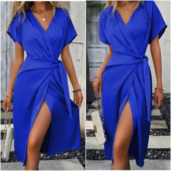 Classic Solid Pleated Wrap Midi Dress - Picture 2 of 9
